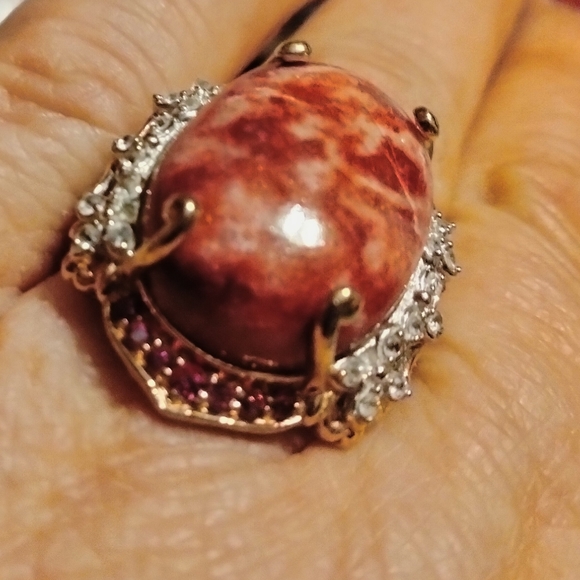 Norwegian Thulite Multi Gemstone Ring in Vermeil RG and Platinum O/Sterling Silv - Picture 4 of 8